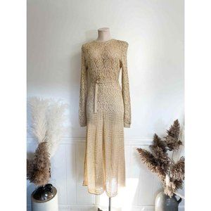 Gorgeous Adele Simpson  Cream Gold Lamé Crochet Knit Maxi Dress Long Sleeve Gown